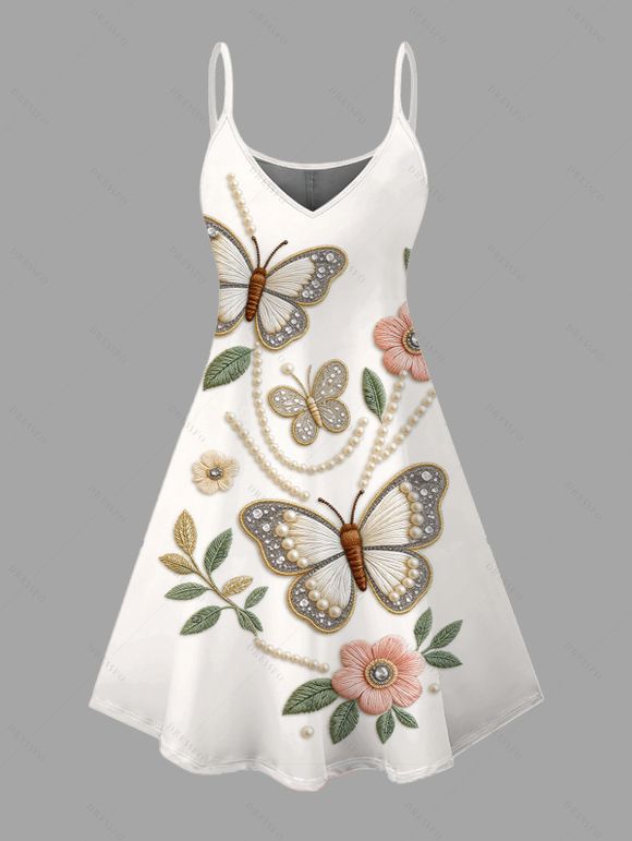 Vacation Dress Faux Embroidered Pearl Flower Leaf Butterfly Print Spaghetti Strap Mini Dress - Blanc XXXXXL | US 20