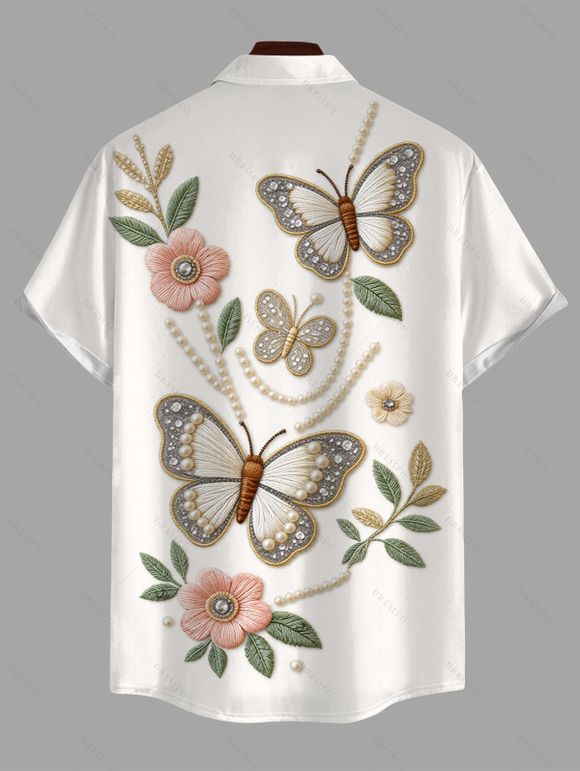 Men's Vacation Shirt Faux Embroidered Pearl Flower Leaf Butterfly Print Button Up Shirt - Blanc 5XL