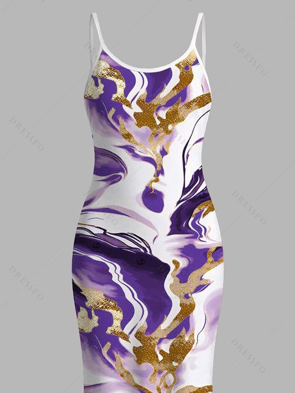 Vacation Dress Marble Fluid Swirl Tie Dye Print Bodycon Mermaid Maxi Dress - Pourpre S | US 4