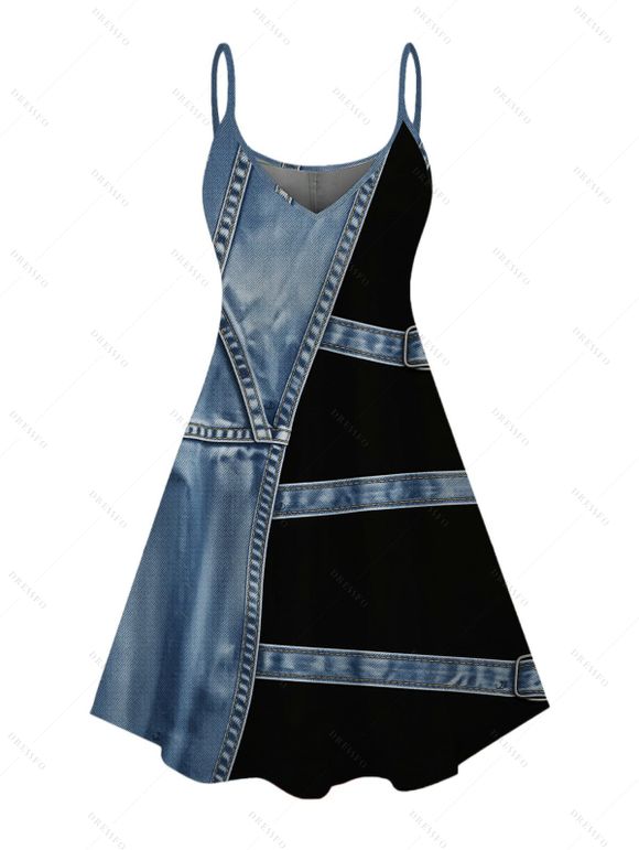 Casual Couple Outfit Faux Denim Colorblock Print Spaghetti Strap Mini Dress and Shirt Set - Bleu Toile de Jean S | US 4