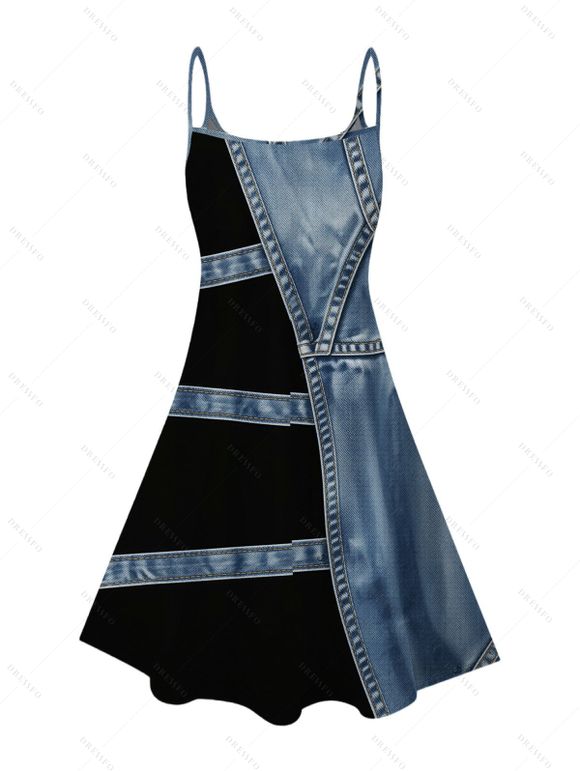 Casual Couple Outfit Faux Denim Colorblock Print Spaghetti Strap Mini Dress and Shirt Set - Bleu Toile de Jean S | US 4