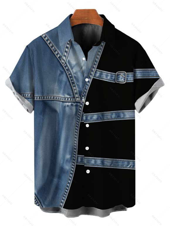 Casual Couple Outfit Faux Denim Colorblock Print Spaghetti Strap Mini Dress and Shirt Set - Bleu Toile de Jean S | US 4