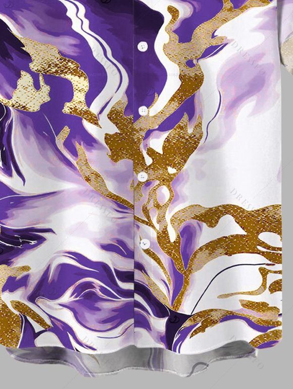 Men's Vacation Shirt Marble Fluid Swirl Tie Dye Print Button Up Shirt - Pourpre M