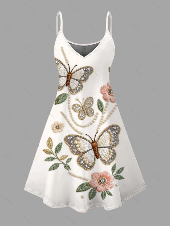 Vacation Couple Outfit Faux Embroidered Pearl Flower Leaf Butterfly Print Spaghetti Strap Mini Dress and Shirt Set - Blanc S | US 4