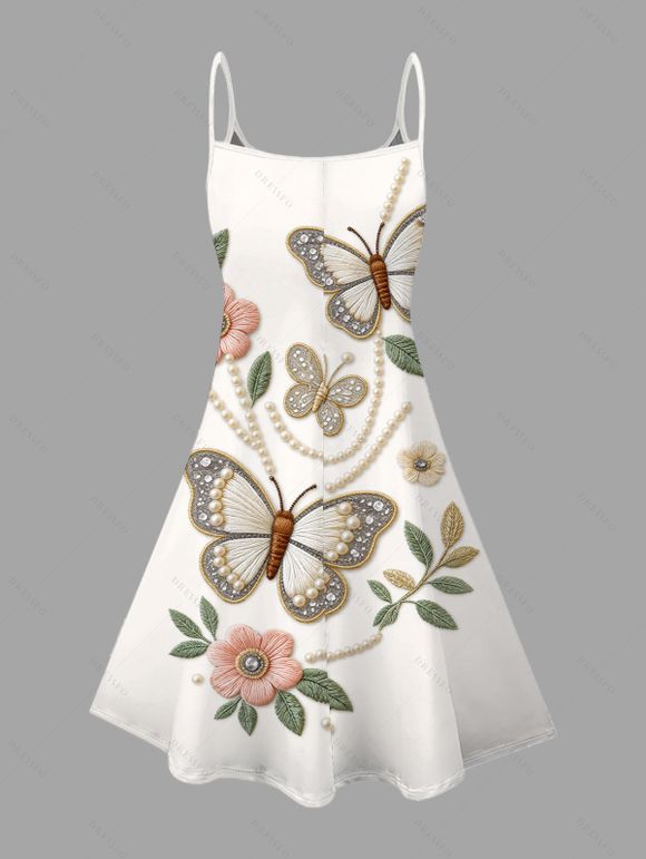 Vacation Couple Outfit Faux Embroidered Pearl Flower Leaf Butterfly Print Spaghetti Strap Mini Dress and Shirt Set - Blanc S | US 4