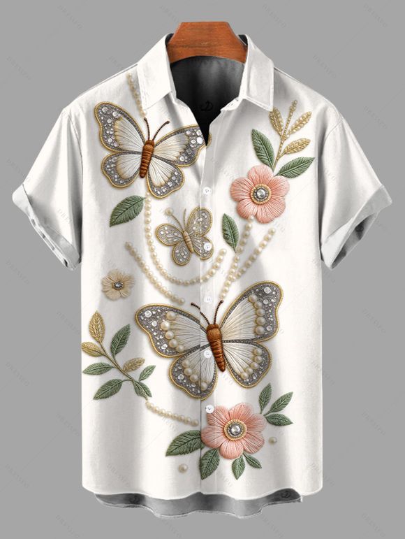 Vacation Couple Outfit Faux Embroidered Pearl Flower Leaf Butterfly Print Spaghetti Strap Mini Dress and Shirt Set - Blanc S | US 4