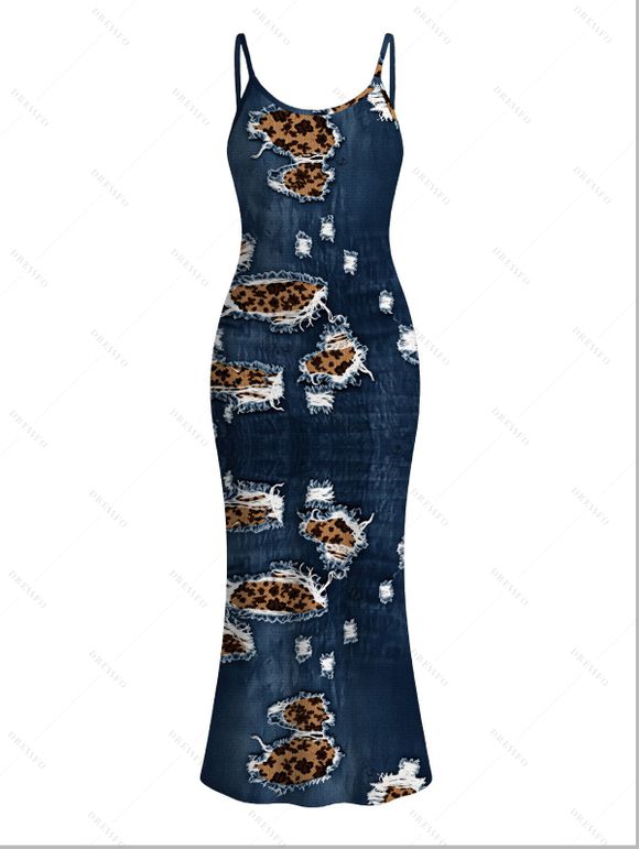 Casual Couple Outfit Faux Demin Distressed Leopard Print Spaghetti Strap Maxi Bodycon Dress and Shirt Set - Bleu de Minuit S | US 4