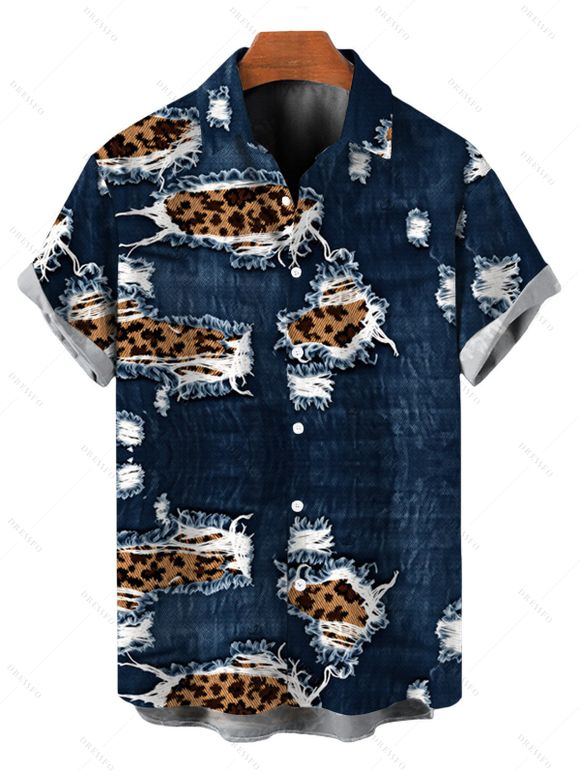 Casual Couple Outfit Faux Demin Distressed Leopard Print Spaghetti Strap Maxi Bodycon Dress and Shirt Set - Bleu de Minuit S | US 4