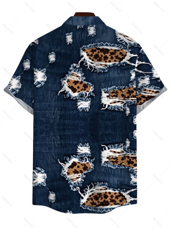 Casual Couple Outfit Faux Demin Distressed Leopard Print Spaghetti Strap Maxi Bodycon Dress and Shirt Set - Bleu de Minuit S | US 4