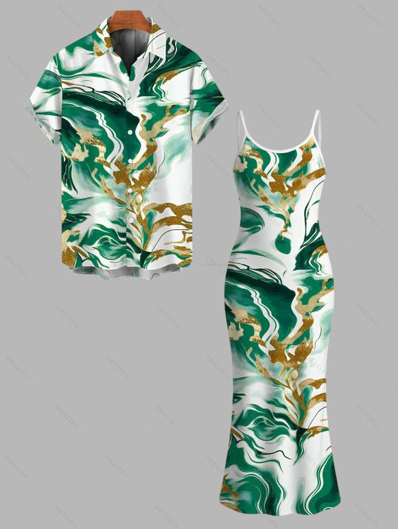 Vacation Couple Outfit Marble Fluid Swirl Tie Dye Print Bodycon Mermaid Maxi Dress and Shirt Set - Vert S | US 4