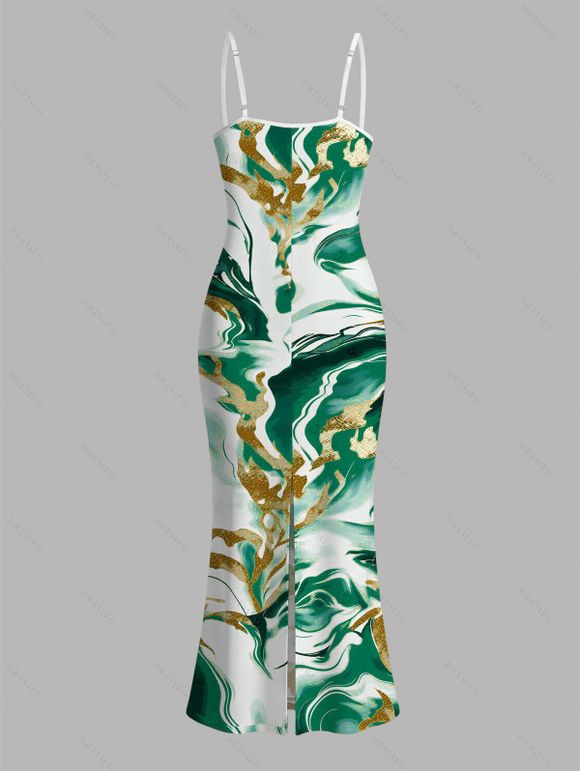Vacation Couple Outfit Marble Fluid Swirl Tie Dye Print Bodycon Mermaid Maxi Dress and Shirt Set - Vert S | US 4
