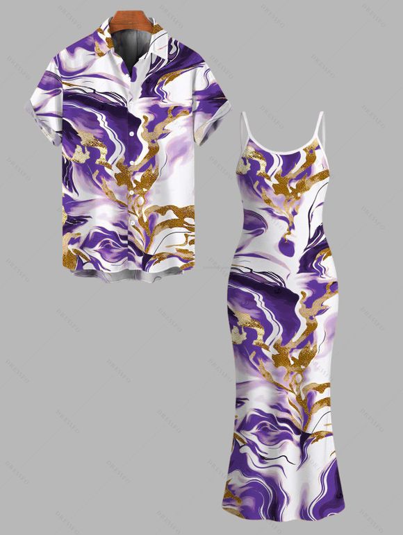 Vacation Couple Outfit Marble Fluid Swirl Tie Dye Print Bodycon Mermaid Maxi Dress and Shirt Set - Pourpre S | US 4