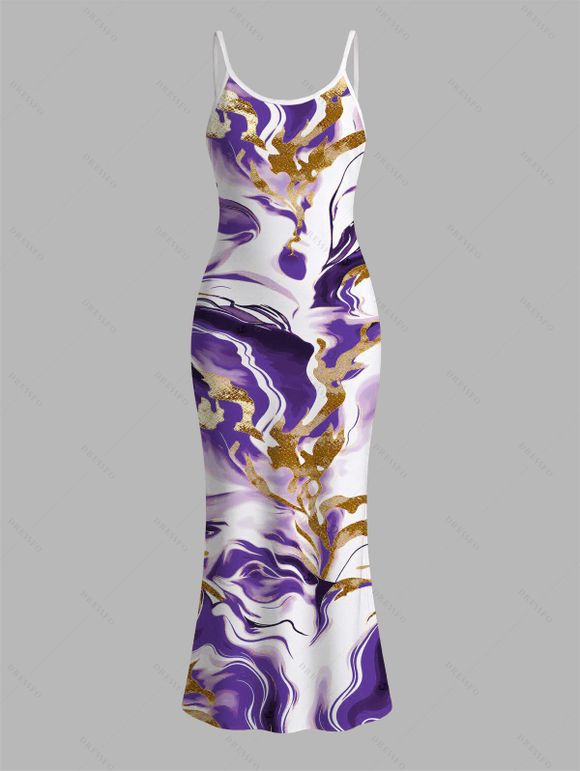 Vacation Couple Outfit Marble Fluid Swirl Tie Dye Print Bodycon Mermaid Maxi Dress and Shirt Set - Pourpre S | US 4