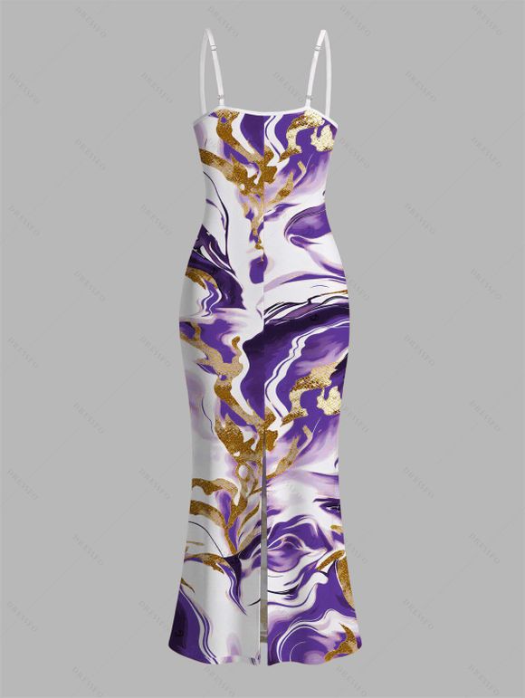 Vacation Couple Outfit Marble Fluid Swirl Tie Dye Print Bodycon Mermaid Maxi Dress and Shirt Set - Pourpre S | US 4