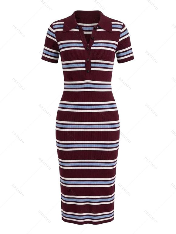 Vacation Shirt Dress Colorblock Striped Half Button Up Turn Down Collar Bodycon Knitted Dress - multicolor ONE SIZE