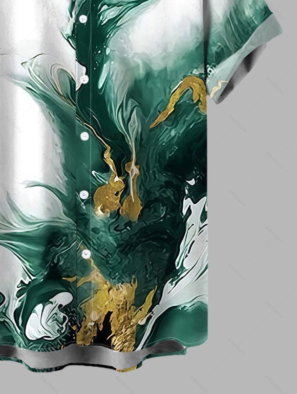 Men's Vacation Shirt Metallic Gold Fluid Smudge Ombre Print Button Up Shirt - Vert profond 5XL