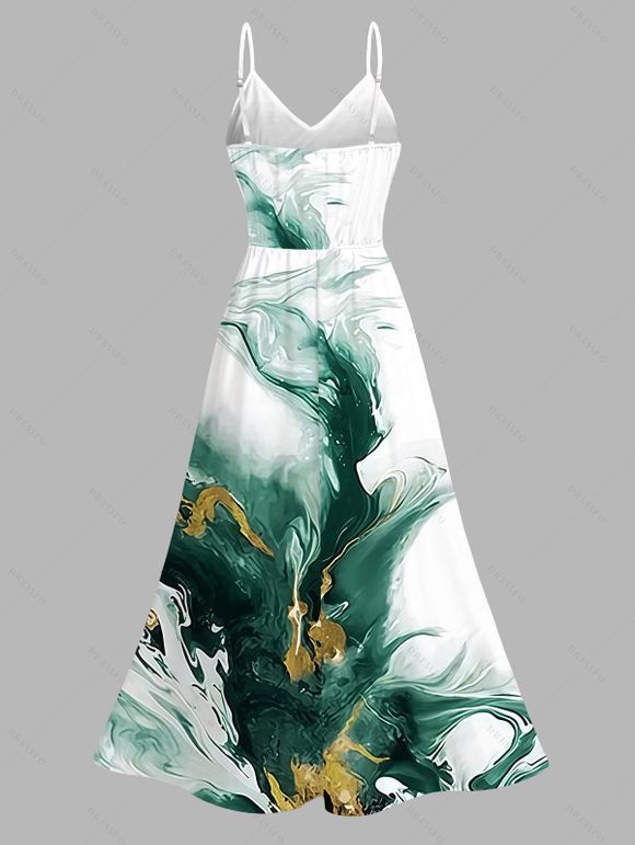 Vacation Dress Metallic Gold Fluid Smudge Ombre Print Lace Hollow Out Spaghetti Strap Slit Dress - Vert profond XXXXXL | US 20