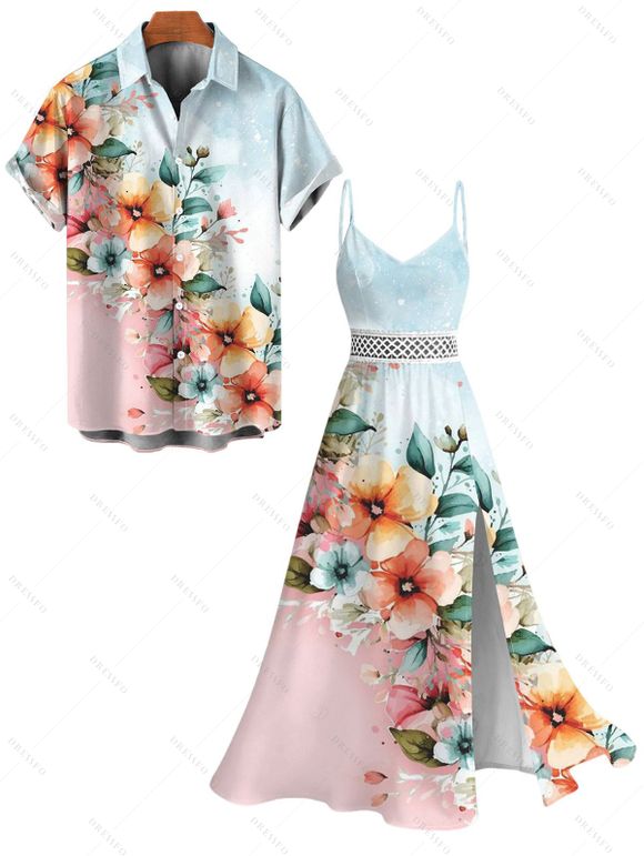 Vacation Couple Outfit Ombre Floral Leaf Print Lace Hollow Out Spaghetti Strap Slit Dress and Shirt Set - multicolor A S | US 4