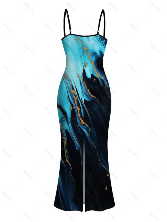 Vacation Dress Colorblock Metallic Gold Fluid Marble Print Spaghetti Strap Maxi Bodycon Dress - Noir XXL | US 14