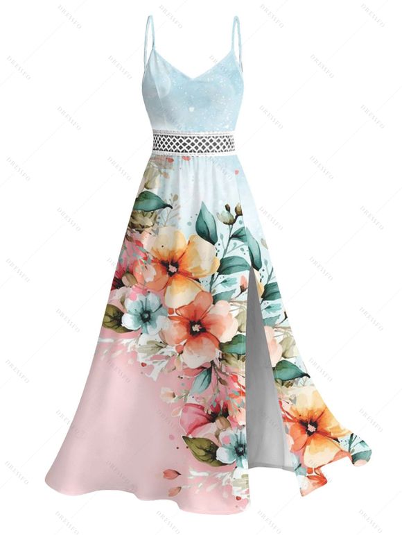 Vacation Couple Outfit Ombre Floral Leaf Print Lace Hollow Out Spaghetti Strap Slit Dress and Shirt Set - multicolor A S | US 4