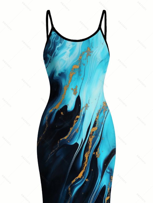 Vacation Dress Colorblock Metallic Gold Fluid Marble Print Spaghetti Strap Maxi Bodycon Dress - Noir XXL | US 14