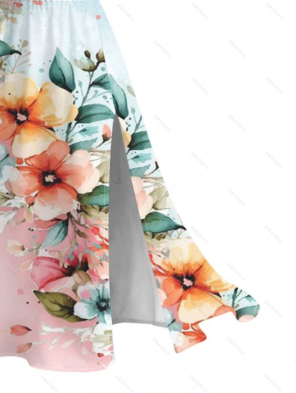 Vacation Couple Outfit Ombre Floral Leaf Print Lace Hollow Out Spaghetti Strap Slit Dress and Shirt Set - multicolor A S | US 4