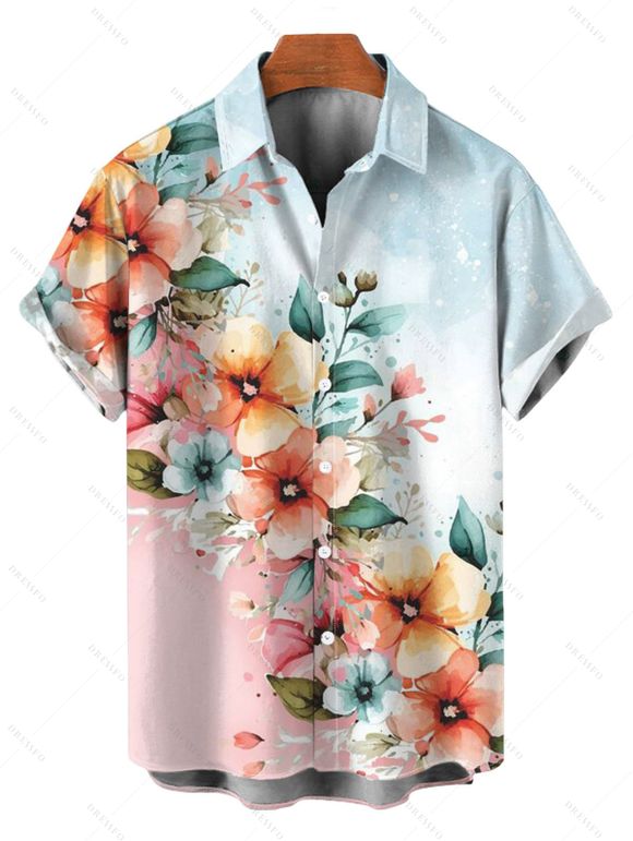 Vacation Couple Outfit Ombre Floral Leaf Print Lace Hollow Out Spaghetti Strap Slit Dress and Shirt Set - multicolor A S | US 4