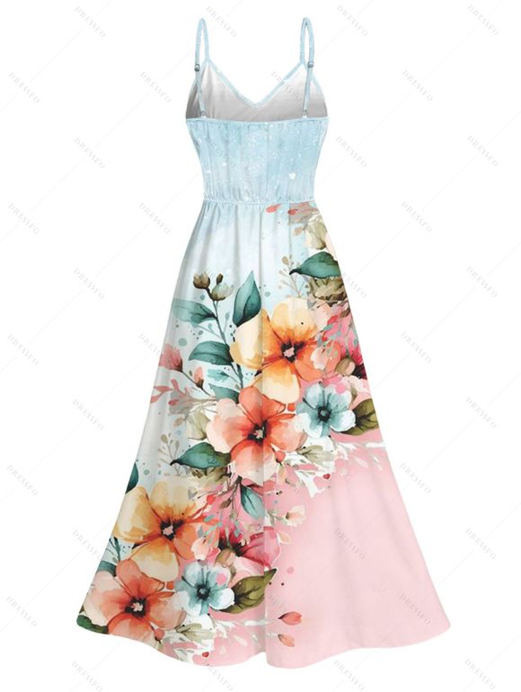 Vacation Dress Ombre Floral Leaf Print Lace Hollow Out Spaghetti Strap Slit Dress - multicolor A XXXXXL | US 20