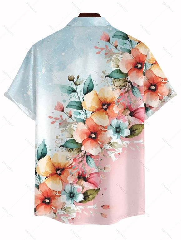 Vacation Couple Outfit Ombre Floral Leaf Print Lace Hollow Out Spaghetti Strap Slit Dress and Shirt Set - multicolor A S | US 4