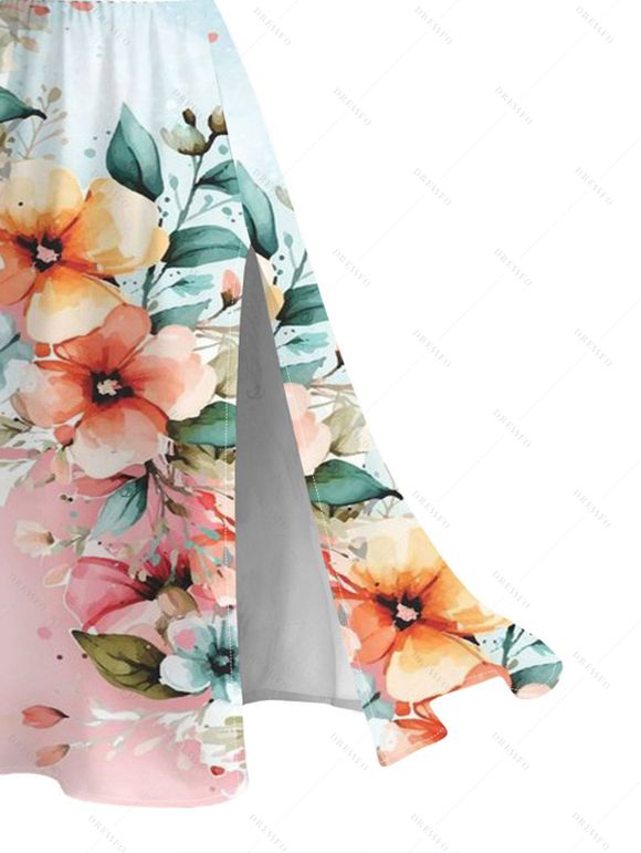 Vacation Dress Ombre Floral Leaf Print Lace Hollow Out Spaghetti Strap Slit Dress - multicolor A XXXXXL | US 20