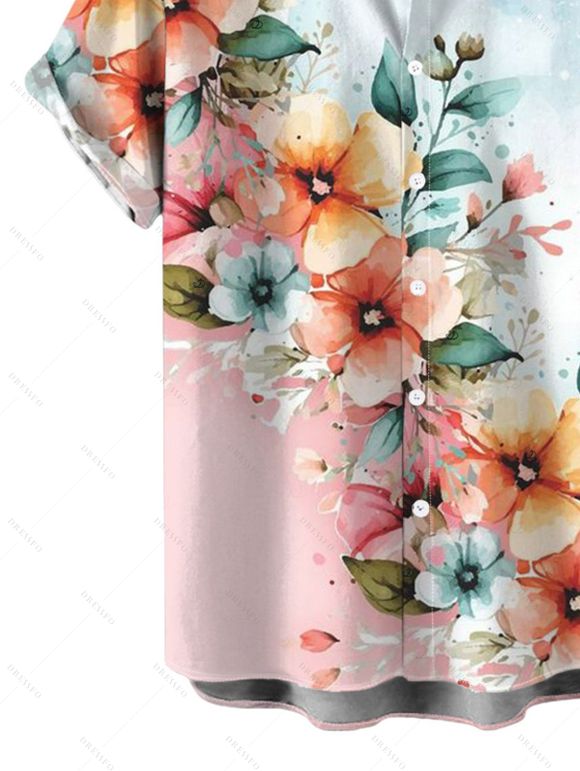 Vacation Couple Outfit Ombre Floral Leaf Print Lace Hollow Out Spaghetti Strap Slit Dress and Shirt Set - multicolor A S | US 4