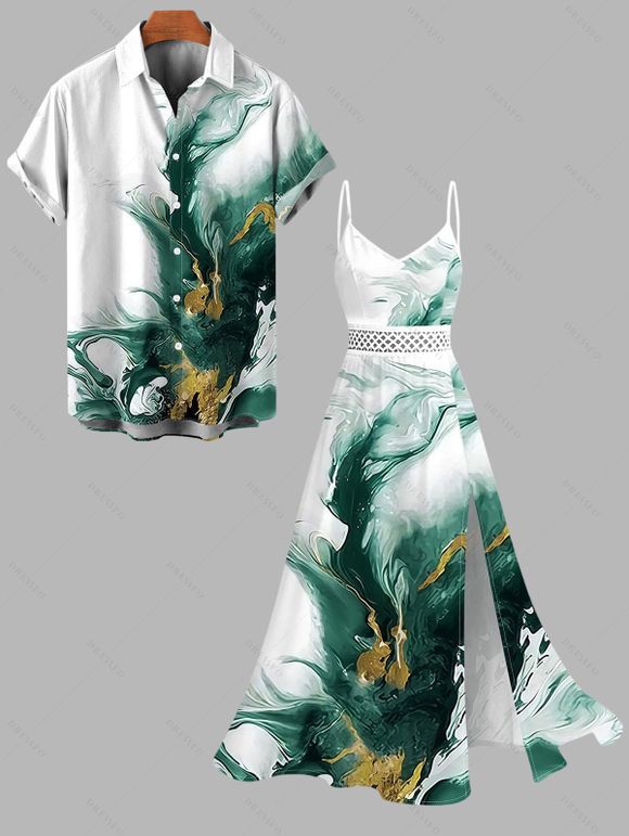 Vacation Couple Outfit Metallic Gold Fluid Smudge Ombre Print Lace Hollow Out Slit Dress and Shirt Set - Vert profond S | US 4