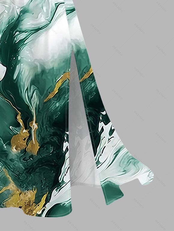 Vacation Couple Outfit Metallic Gold Fluid Smudge Ombre Print Lace Hollow Out Slit Dress and Shirt Set - Vert profond S | US 4