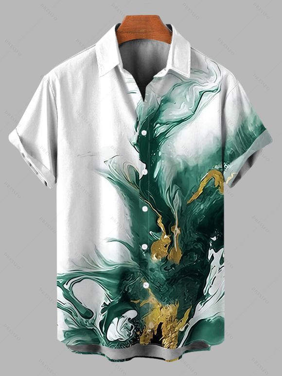 Vacation Couple Outfit Metallic Gold Fluid Smudge Ombre Print Lace Hollow Out Slit Dress and Shirt Set - Vert profond S | US 4