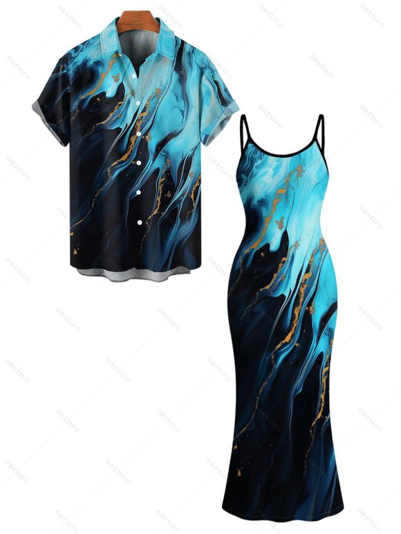 Vacation Couple Outfit Colorblock Metallic Gold Fluid Marble Print Spaghetti Strap Maxi Bodycon Dress and Shirt Set - Noir S | US 4