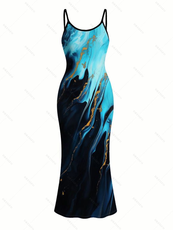 Vacation Couple Outfit Colorblock Metallic Gold Fluid Marble Print Spaghetti Strap Maxi Bodycon Dress and Shirt Set - Noir S | US 4