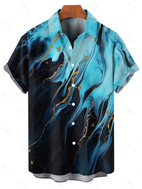 Vacation Couple Outfit Colorblock Metallic Gold Fluid Marble Print Spaghetti Strap Maxi Bodycon Dress and Shirt Set - Noir S | US 4