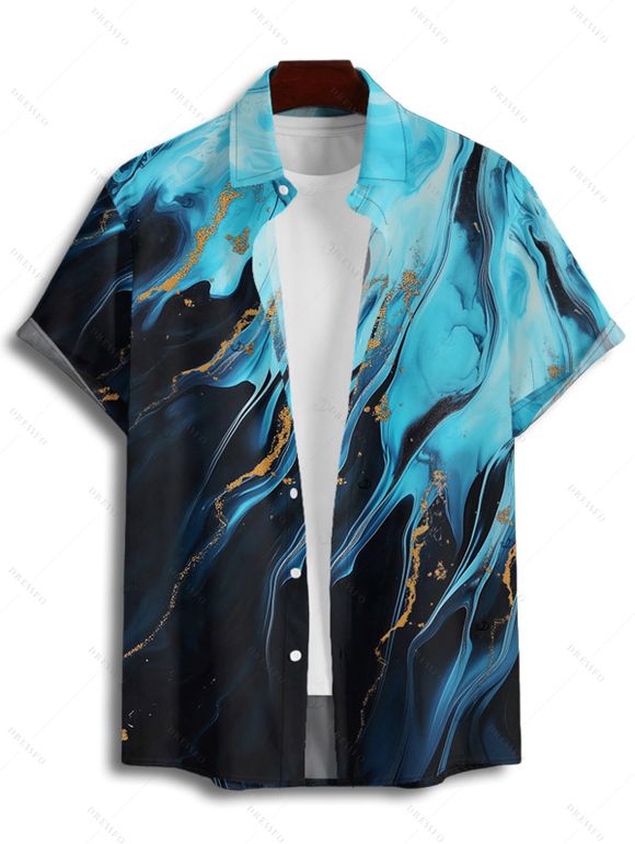 Vacation Couple Outfit Colorblock Metallic Gold Fluid Marble Print Spaghetti Strap Maxi Bodycon Dress and Shirt Set - Noir S | US 4