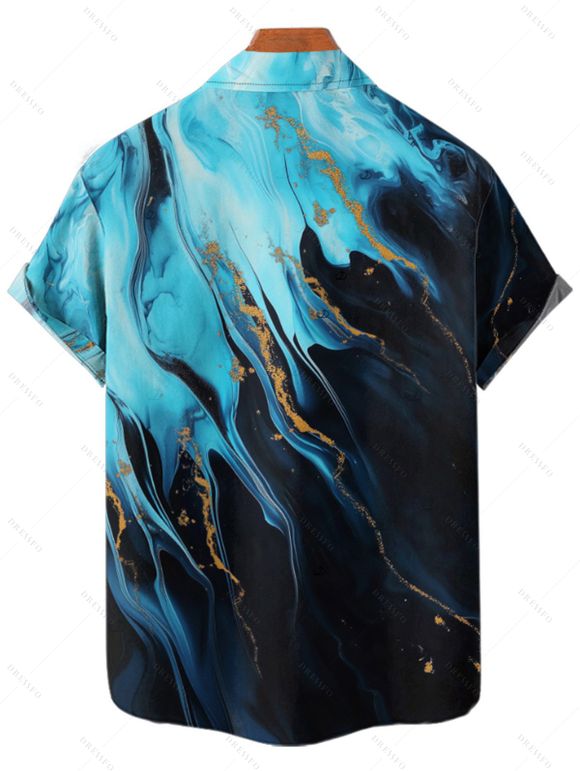 Vacation Couple Outfit Colorblock Metallic Gold Fluid Marble Print Spaghetti Strap Maxi Bodycon Dress and Shirt Set - Noir S | US 4