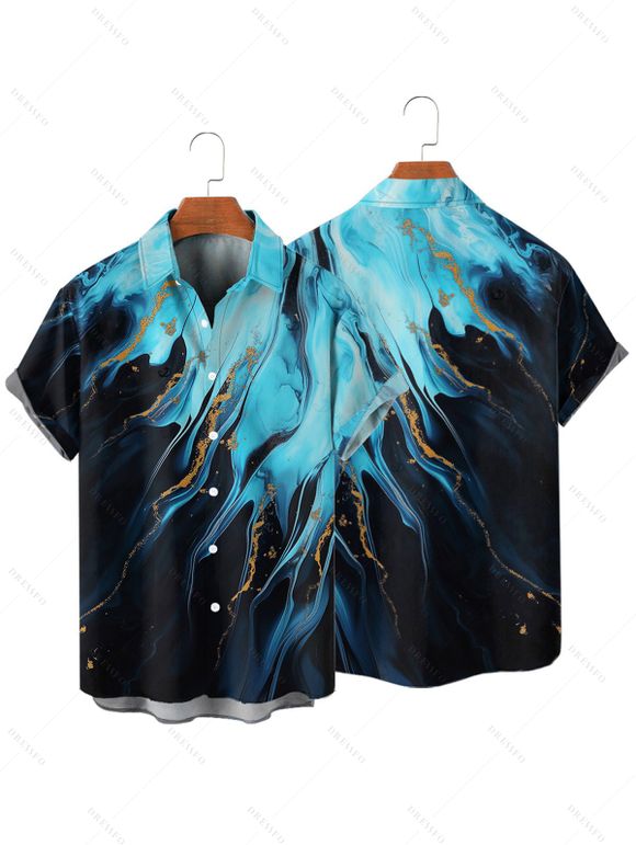 Vacation Couple Outfit Colorblock Metallic Gold Fluid Marble Print Spaghetti Strap Maxi Bodycon Dress and Shirt Set - Noir S | US 4