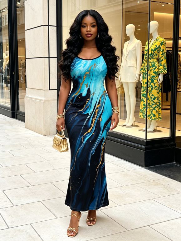 Vacation Couple Outfit Colorblock Metallic Gold Fluid Marble Print Spaghetti Strap Maxi Bodycon Dress and Shirt Set - Noir S | US 4