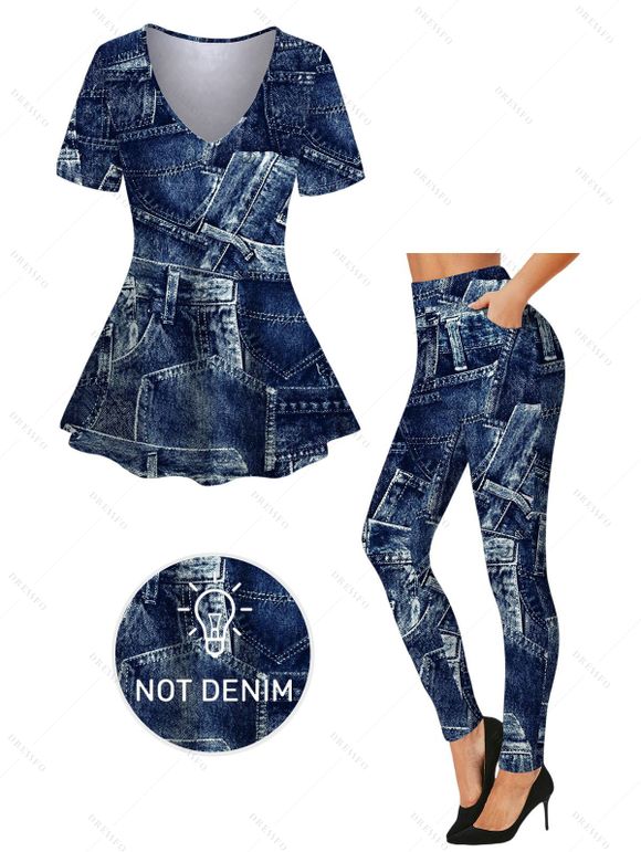 Vintage Women Outfit Faux Denim Print V Neck Long Top and Skinny Leggings Set - Bleu profond S | US 4