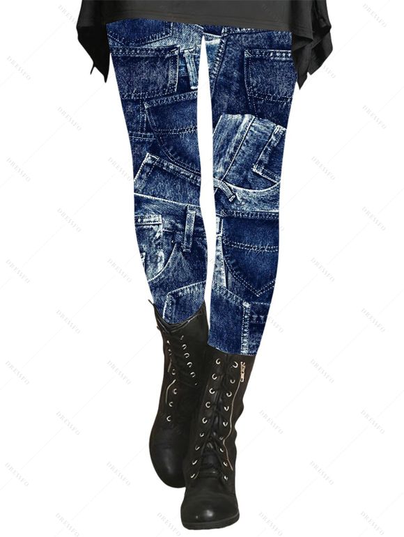 Vintage Women Outfit Faux Denim Print V Neck Long Top and Skinny Leggings Set - Bleu profond S | US 4