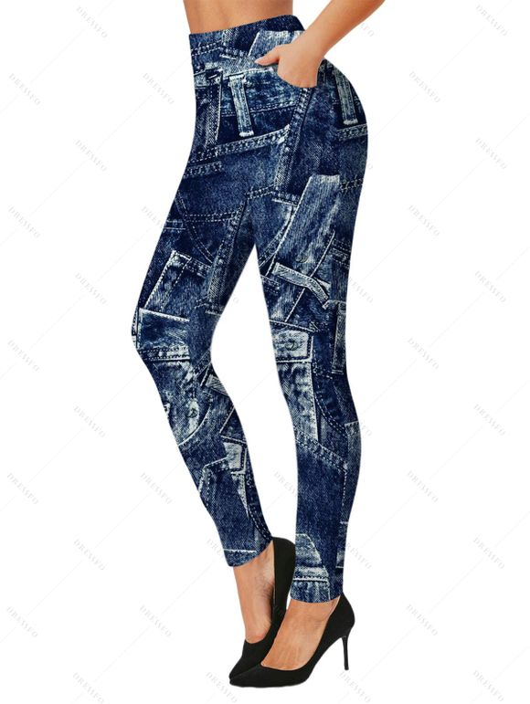 Vintage Leggings Faux Denim Print Skinny Long Streetwear Leggings - Bleu profond XXL | US 14