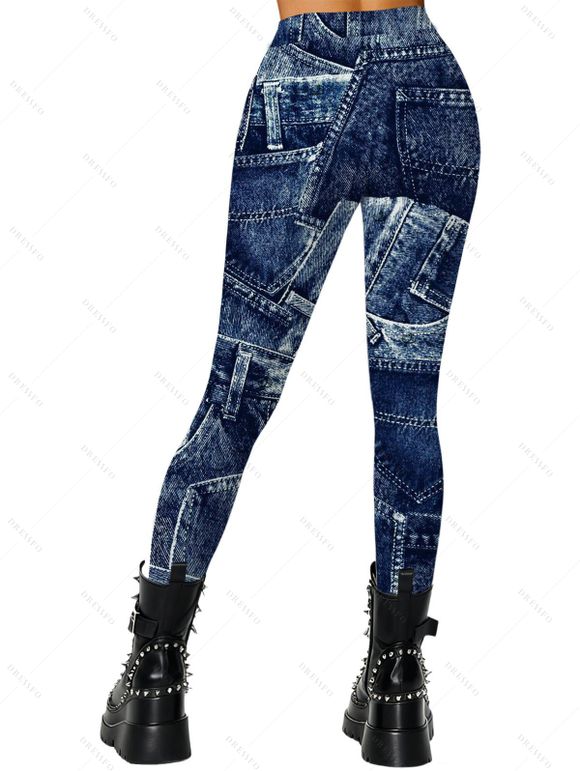 Vintage Leggings Faux Denim Print Skinny Long Streetwear Leggings - Bleu profond XXL | US 14