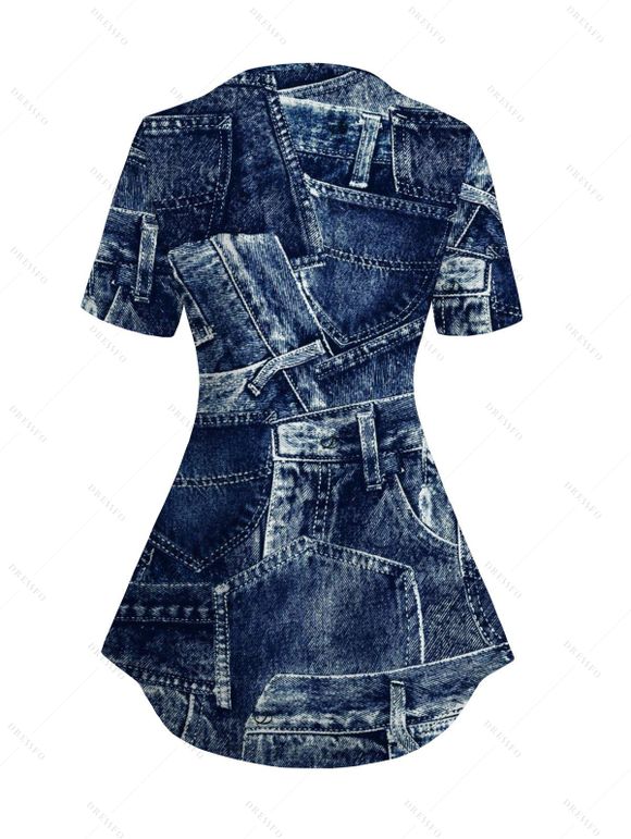 Vintage Top Faux Denim Print V Neck Streetwear Long Top - Bleu profond XXL | US 14