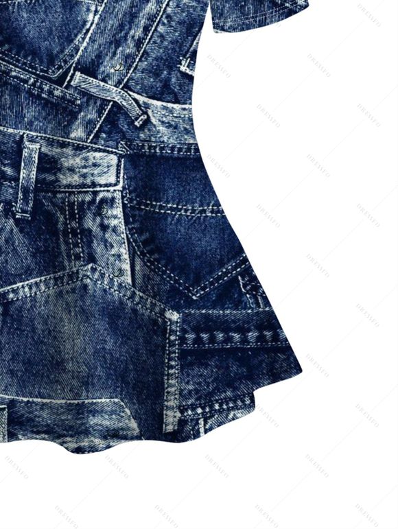 Vintage Top Faux Denim Print V Neck Streetwear Long Top - Bleu profond XXL | US 14