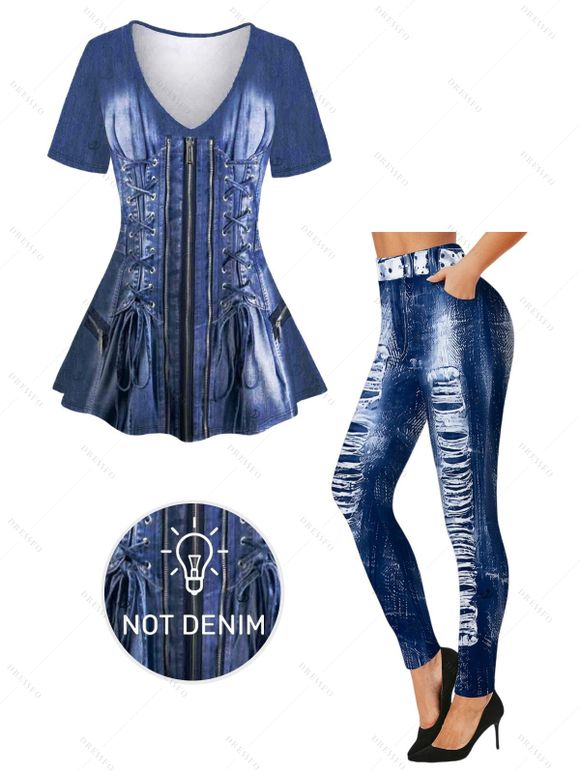 Casual Couple Outfit Vintage Faux Denim Print V Neck Long Top and Skinny Leggings Set - Bleu profond S | US 4