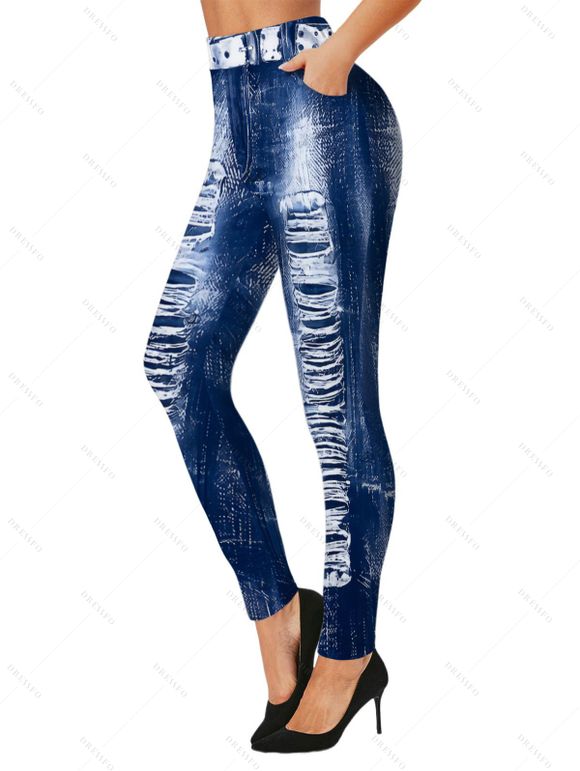 Streetwear Leggings Vintage Faux Denim Print Long Skinny Leggings - Bleu profond XXL | US 14