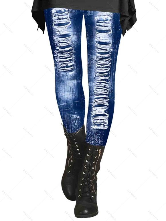 Streetwear Leggings Vintage Faux Denim Print Long Skinny Leggings - Bleu profond XXL | US 14